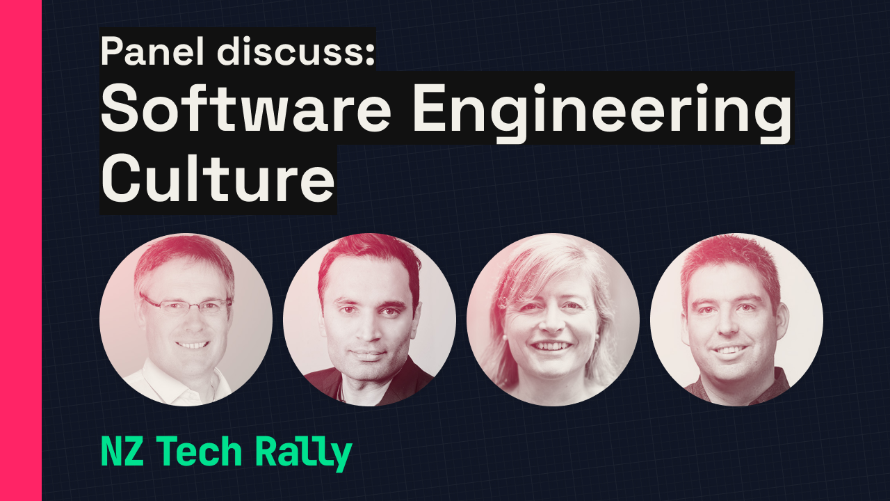 Panel discuss: Software Engineering Culture, NZ Tech Rally. Photos of four diverse panellists below